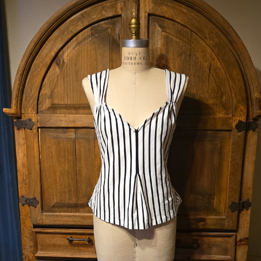 Mauve Black and White Striped V-Neck Blouse